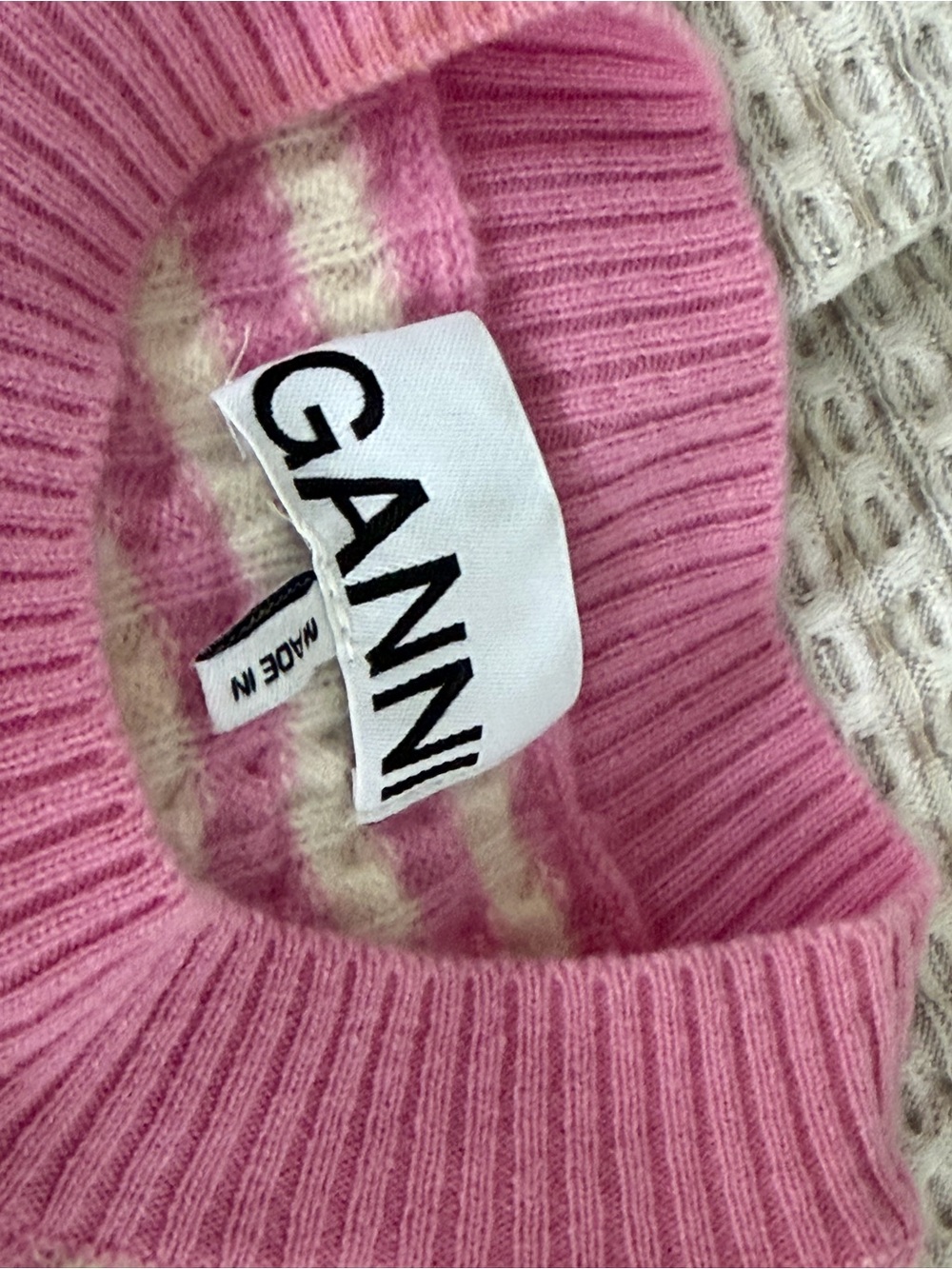 Ganni Pink Ribbed Wool-Blend Crewneck Sweater